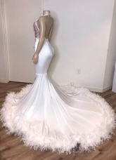 Black Girl Prom Dresses, V Neck Sexy Backless White Prom Dresses With Feather Mermaid Crystals Appliques Evening Gowns